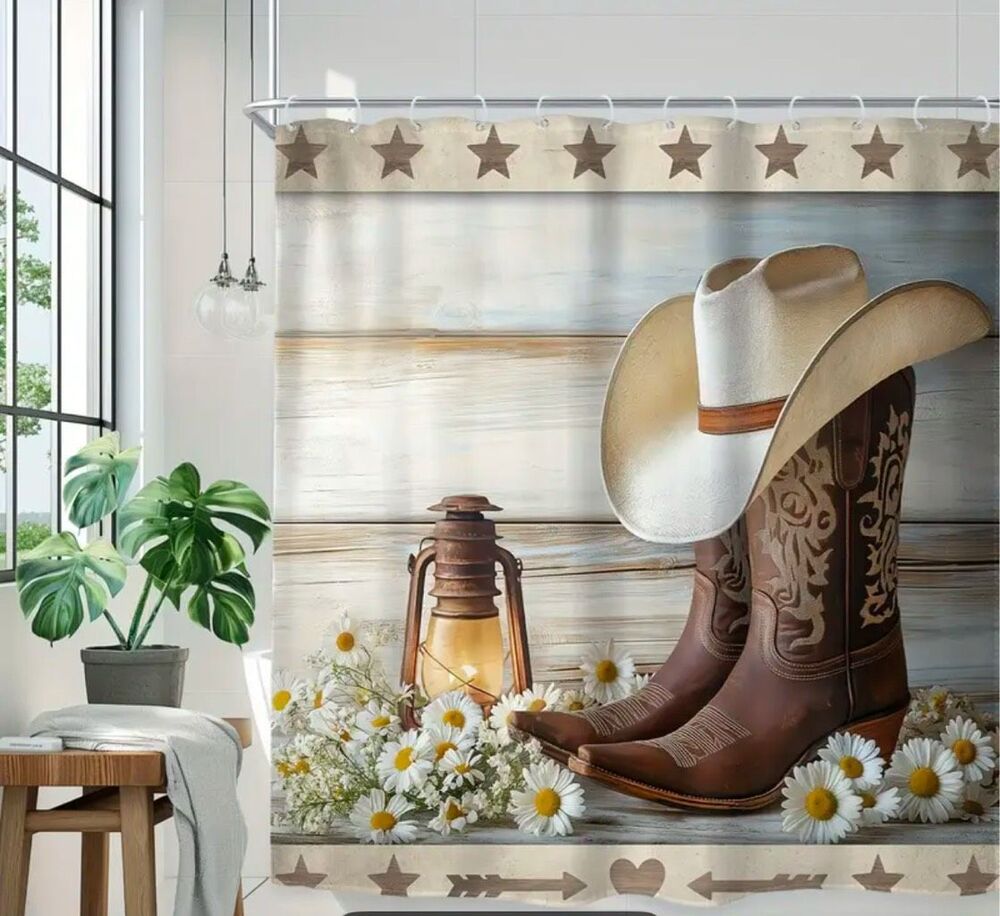 Cowboy Boots shower curtain & Bath Mat Set with Hooks - 4 Piece Collection weste